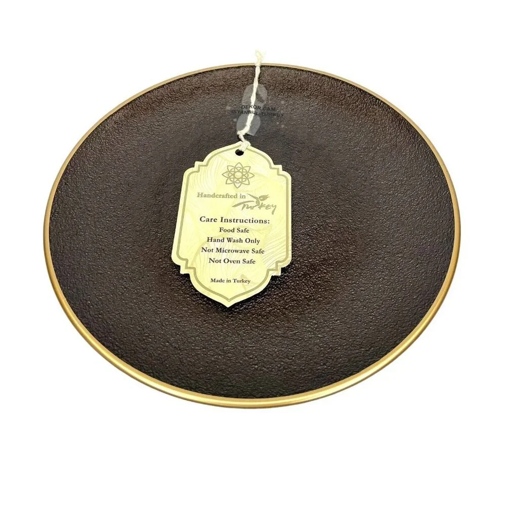 Turkish Glass 4 Salad Dessert Plates Set Brown Texture Gold Rim 8.25